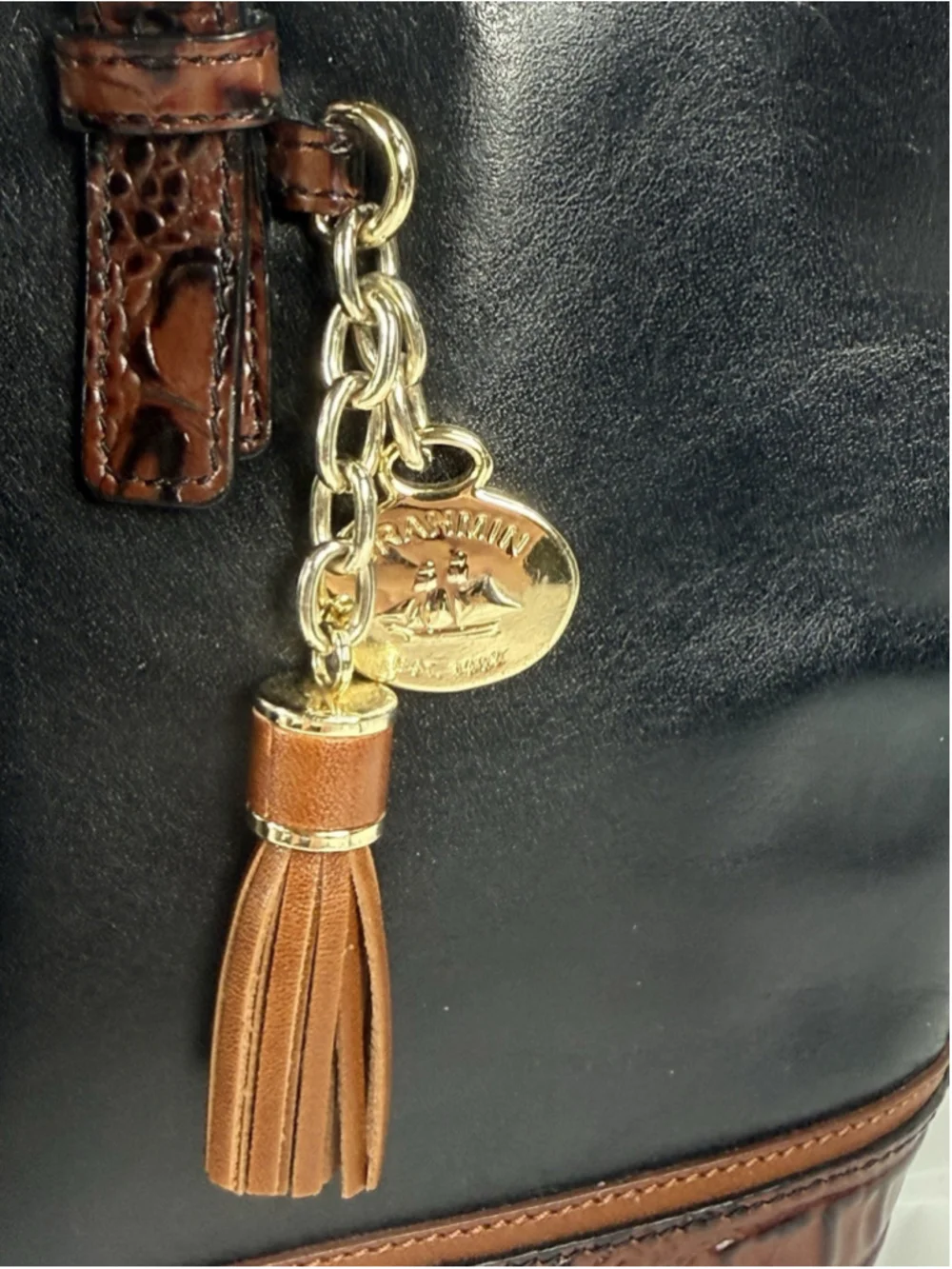 BRAHMIN Croc Embossed Leather Handbag Tote Purse Charms Black Brown